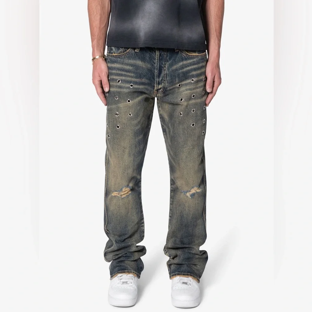 mnml Metal Eyelet Grommet Yellow Washed Distressed Denim Flare Jeans